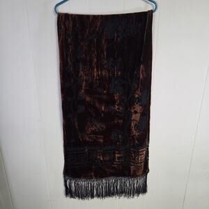 Burnout Velvet Floral Decorative Brown Scarf With Fringe 20" Width 60" Length